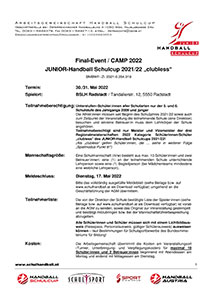Detailausschreibung Final Event CAMP 2022 JUNIOR Handball-Schulcup 2021/22 CL